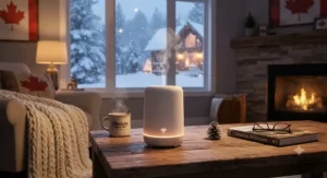 A cozy smart home scent diffuser glowing softly on a coffee table during a snowy Canadian winter evening.
