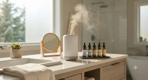 Smart home scent diffuser paired with bottles of organic essential oils on a spa-inspired bathroom vanity.