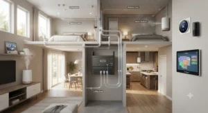 Illustration showing a smart home scent diffuser integrated into a whole-home automation zoning system.