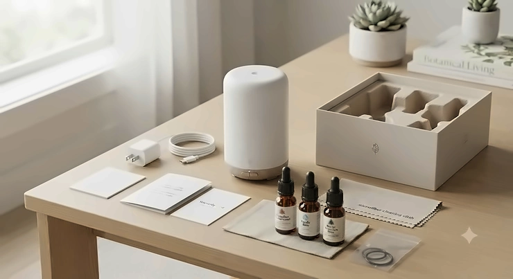 Unboxing layout of a smart home scent diffuser kit with power adapter and premium botanical refill cartridges.