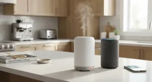 Smart home scent diffuser next to a voice-controlled smart speaker on a modern kitchen counter.