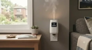 A smart plug-in scent diffuser plugged into a wall outlet, showcasing adjustable fragrance intensity settings for Canadian homes.
