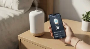 A smartphone screen displaying a smart home app controlling a Wi-Fi enabled scent diffuser.