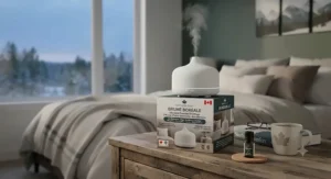 The quietest essential oil diffuser for bedroom wellness routines, highlighting natural wood grain finishes and gentle mist.