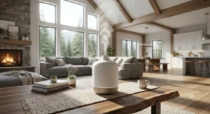 An ultrasonic essential oil diffuser for a large room providing continuous mist in a high-ceiling great room.