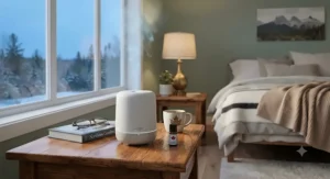 An ultra-quiet ultrasonic essential oil diffuser sitting in a serene bedroom setup, ideal for relaxation across Canadian time zones.