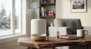 An ultrasonic smart essential oil diffuser releasing a fine mist, featuring an automatic safety shutoff for Canadian homes.