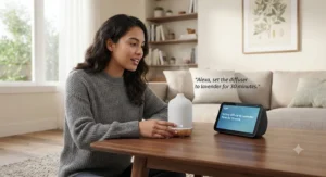 A person using voice commands to operate a smart essential oil diffuser connected to a smart home assistant system.
