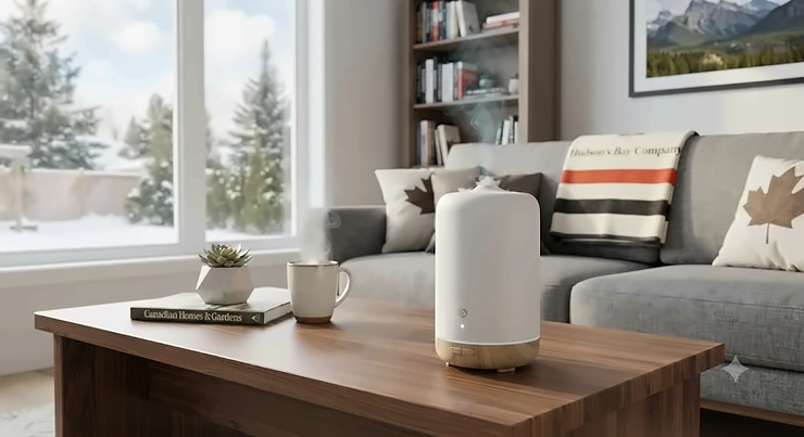 A sleek Wi-Fi enabled scent diffuser resting on a modern coffee table in a bright Canadian living room.