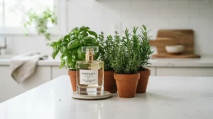 An affordable premium room spray placed beside fresh herbs on a clean Toronto kitchen counter.