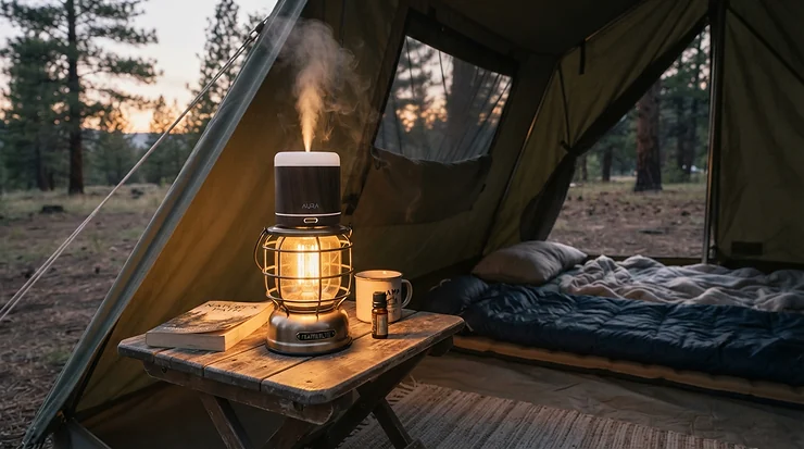 A battery operated diffuser for travel being used inside a cozy wilderness camping tent during a weekend getaway.
