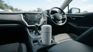 A battery operated diffuser for travel placed securely in the centre console cup holder of a vehicle during a road trip.
