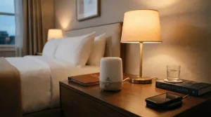 A battery operated diffuser for travel sitting on a nightstand in a modern hotel room overlooking a city skyline.