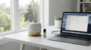 A portable battery operated diffuser for travel set up on a temporary workspace during a business trip.
