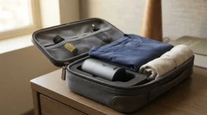 A battery operated diffuser for travel packed neatly inside a compact carrying case with other travel accessories.