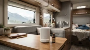 A battery operated diffuser for travel resting on a small counter inside a recreational vehicle living space.