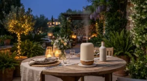 A battery powered cordless scent diffuser on an outdoor patio table during a summer evening gathering.