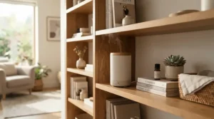 A sleek cordless scent diffuser placed on a modern living room bookshelf, highlighting placement flexibility in a home.