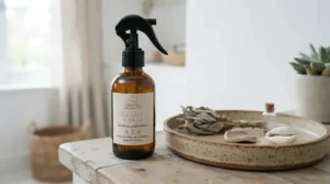 Artisanal packaging details for a designer home fragrance spray featured on a bright coastal Halifax entryway table