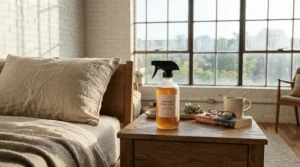 A stylish designer home fragrance spray on a bedside nightstand inside a chic Calgary loft bedroom