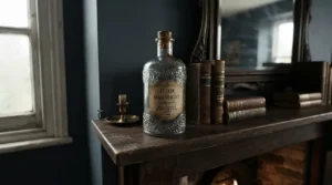 A heritage-inspired designer home fragrance spray displayed on a classic wooden mantlepiece in a historic Montreal home
