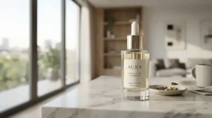 A sleek designer home fragrance spray resting on a modern marble coffee table in a bright Toronto condo living room