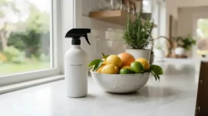A modern designer home fragrance spray placed neatly on a kitchen counter in a contemporary Winnipeg home