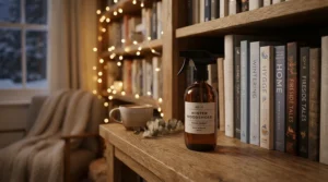 A warm atmospheric shot of a designer home fragrance spray on a wooden shelf during a snowy Edmonton evening