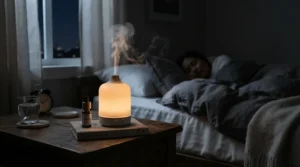 A long-lasting rechargeable scent diffuser emitting a gentle mist on a nightstand during a winter evening.