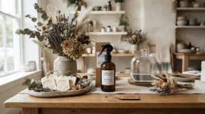 A curated boutique display highlighting a premium luxury room spray alongside artisanal candles.