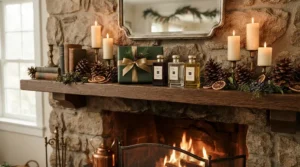 A luxury room spray gift set styled on a decorated mantelpiece during the Canadian winter season.