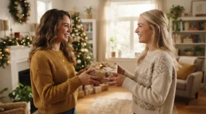 A luxury room spray gift set being handed between friends during a winter home gathering.