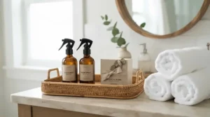 A luxury room spray gift set arranged on a marble tray inside a bright, modern guest bathroom.