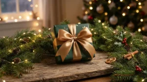 A luxury room spray gift set displayed neatly beside a decorated holiday tree in a cozy home.