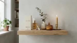A luxury room spray gift set displayed on a minimalist wooden bookshelf with neutral decor.