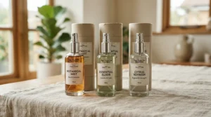 A luxury room spray gift set showing several distinct fragrance bottles arranged on a linen runner.