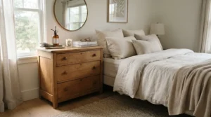 A calm bedroom scene showcasing a soothing luxury room spray as part of an evening relaxation routine.