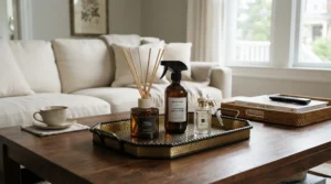 A luxury room spray placed on a tray with complementary home scenting products for a fragrance layering ritual.