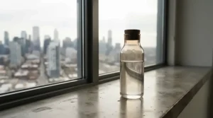 A stylish glass luxury room spray bottle sitting on a minimalist concrete windowsill in a city apartment.