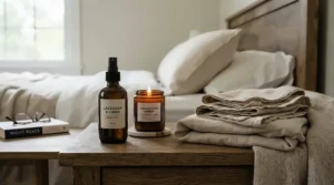 Evening ambiance featuring a luxury room spray on a dark wood bedside table with cozy linen bedding.