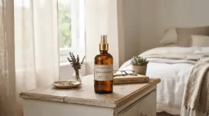 A mid-tier luxury room spray displayed on a wooden bedroom dresser next to a lit candle.