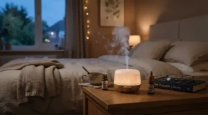 A modern cordless scent diffuser operating silently on a bedroom nightstand at twilight.