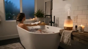 A soothing plug-in diffuser for bathroom evening routines, casting a soft glow beside a deep soaking tub.
