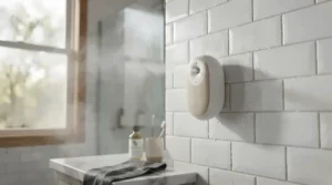 A durable moisture-resistant plug-in diffuser for bathroom use mounted securely on a tiled wall amidst morning steam.