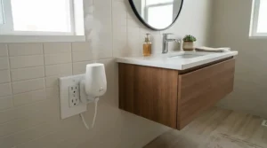 A sleek plug-in diffuser for bathroom plugged into a wall outlet conveniently placed near a white porcelain sink and vanity mirror.