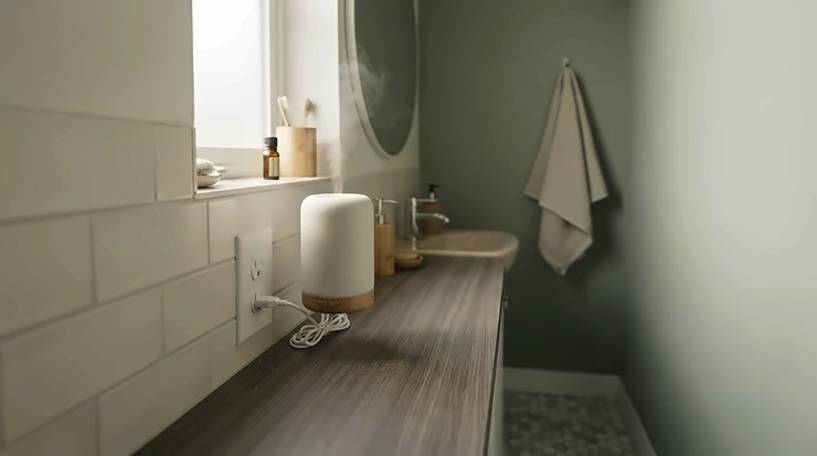 A compact plug-in diffuser for bathroom corners, designed specifically for small space freshness without cluttering the counter.