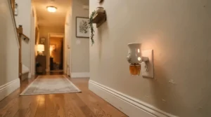 A plug-in diffuser vs USB diffuser comparison displaying direct hallway wall mounting options.