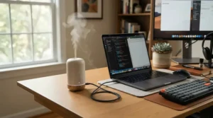 A plug-in diffuser vs USB diffuser comparison illustrating a compact desktop model powered by a laptop.