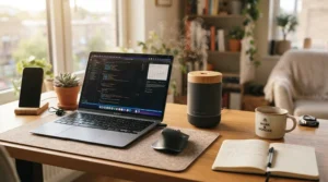 A portable cordless scent diffuser operating quietly on a wooden desk next to a laptop in a home office.