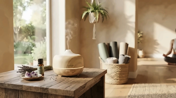 A portable rechargeable scent diffuser creating a calming atmosphere in a bright yoga studio space.